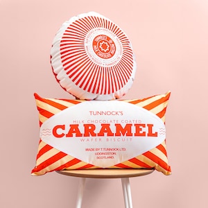 Original Tunnocks Teacake & Caramel Wafer Cushion Set - Cookie Pillows - Tunnock Caramel Bar - Mallow Biscuit Cushion