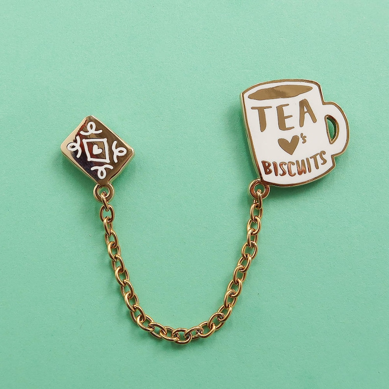 Tea Loves Biscuits Chained Enamel Pin Duo Mug Lapel Pin Cup Badge Chain Collar Clip Cookie & Tea Pin Tea Flair image 5