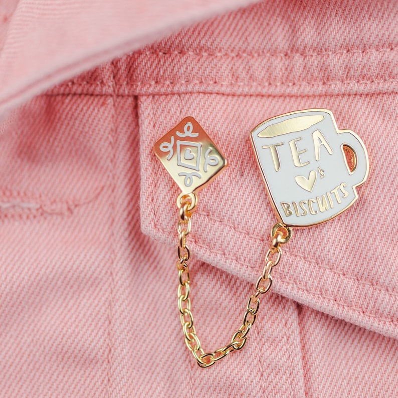 Tea Loves Biscuits Chained Enamel Pin Duo Mug Lapel Pin Cup Badge Chain Collar Clip Cookie & Tea Pin Tea Flair image 1