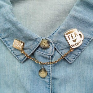 Tea Loves Biscuits Chained Enamel Pin Duo Mug Lapel Pin Cup Badge Chain Collar Clip Cookie & Tea Pin Tea Flair image 3