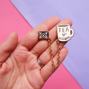 Tea Loves Biscuits Chained Enamel Pin Duo Mug Lapel Pin Cup Badge Chain Collar Clip Cookie & Tea Pin Tea Flair image 9