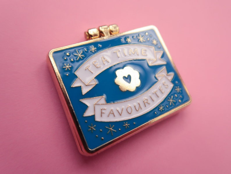 Teatime Favourites Biscuit Tin Surprise Inside Blue & Gold Enamel Pin / Pin Badge Flair Enamel Badge Cookie Pin image 4