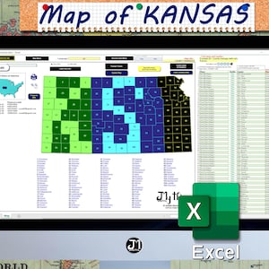 May include: A computer screen shows a map of Kansas, with counties highlighted in green, blue, and black. The words "Map of KANSAS" are pinned above. An Excel icon is in the bottom right, indicating data analysis or mapping software.