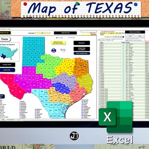 May include: A computer screen displaying a map of Texas divided into regions with corresponding colors. The map is labeled "Map of Texas" and is accompanied by a spreadsheet labeled "Excel".