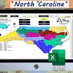 May include: A computer screen showing a map of North Carolina, divided into counties, with the text "North Carolina" at the top. An Excel icon is in the lower right corner. A map of the United States is also visible on the screen.