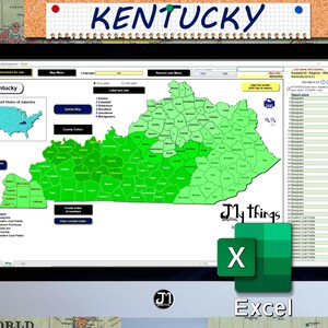 May include: A computer screen displaying a map of Kentucky with green and light green counties. The map is labeled "Kentucky" and is part of a larger program called "My things digital". The program also includes a list of counties and a spreadsheet labeled "Excel".
