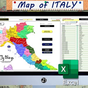May include: A computer screen displays a colorful map of Italy, divided into regions. The title "Map of ITALY" is at the top. An Excel icon is visible in the lower right corner. The map is on a background of a world map.