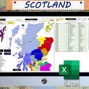 May include: A computer screen displaying a map of Scotland divided into regions. The map is labelled with the names of the regions, including Highlands, Borders, and Dumfries and Galloway. The screen also shows a spreadsheet with a list of counties and their corresponding codes. The spreadsheet is labelled "Excel".