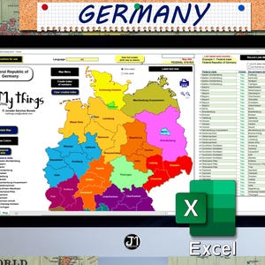 Op de afbeelding: Een computerscherm dat een kaart van Duitsland weergeeft met de deelstaten in verschillende kleuren gemarkeerd. De kaart heeft de titel "Bondsrepubliek Duitsland" en maakt deel uit van een programma genaamd "My things DIGITAL". Het scherm toont ook een spreadsheet met een lijst van Duitse deelstaten en hun hoofdsteden.