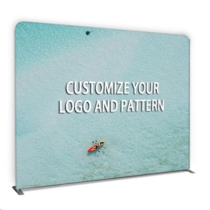 May include: A large rectangular display with a light blue background, featuring the text "CUSTOMIZE YOUR LOGO AND PATTERN" in white. A small kayak is visible near the bottom. The display has a metal frame.