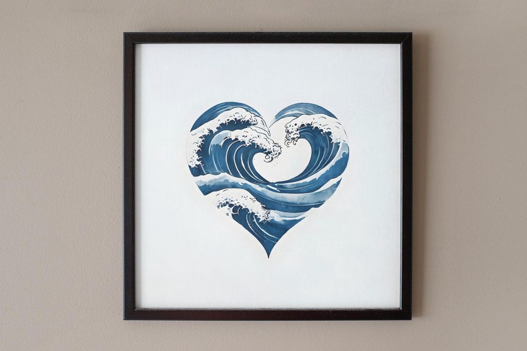Heart-shaped Teal and Blue Ocean Waves Digital Art Print. A Serene ...