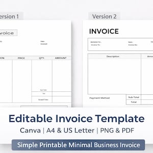 May include: Two versions of a printable invoice template are displayed. The templates are white with black text and include fields for invoice details, descriptions, prices, and amounts. The text "Editable Invoice Template" is also visible.