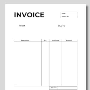 Peut inclure: Un modèle de facture vierge avec le mot "INVOICE" en haut en lettres noires en gras. Le formulaire comprend des champs pour "Date" et "Invoice No:" et des sections intitulées "FROM" et "BILL TO". Il y a des colonnes pour "Description", "Qty", "Unit Price" et "Amount".