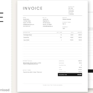 Op de afbeelding: Een factuursjabloon voor freelancers in zwart-wit. De tekst luidt Freelancer Invoice Template, Fillable PDF + Word, Auto Totals, US Letter & A4, Simple, Minimal, Instant Download. De factuur bevat velden voor contactgegevens, projectdetails en betalingsinformatie.