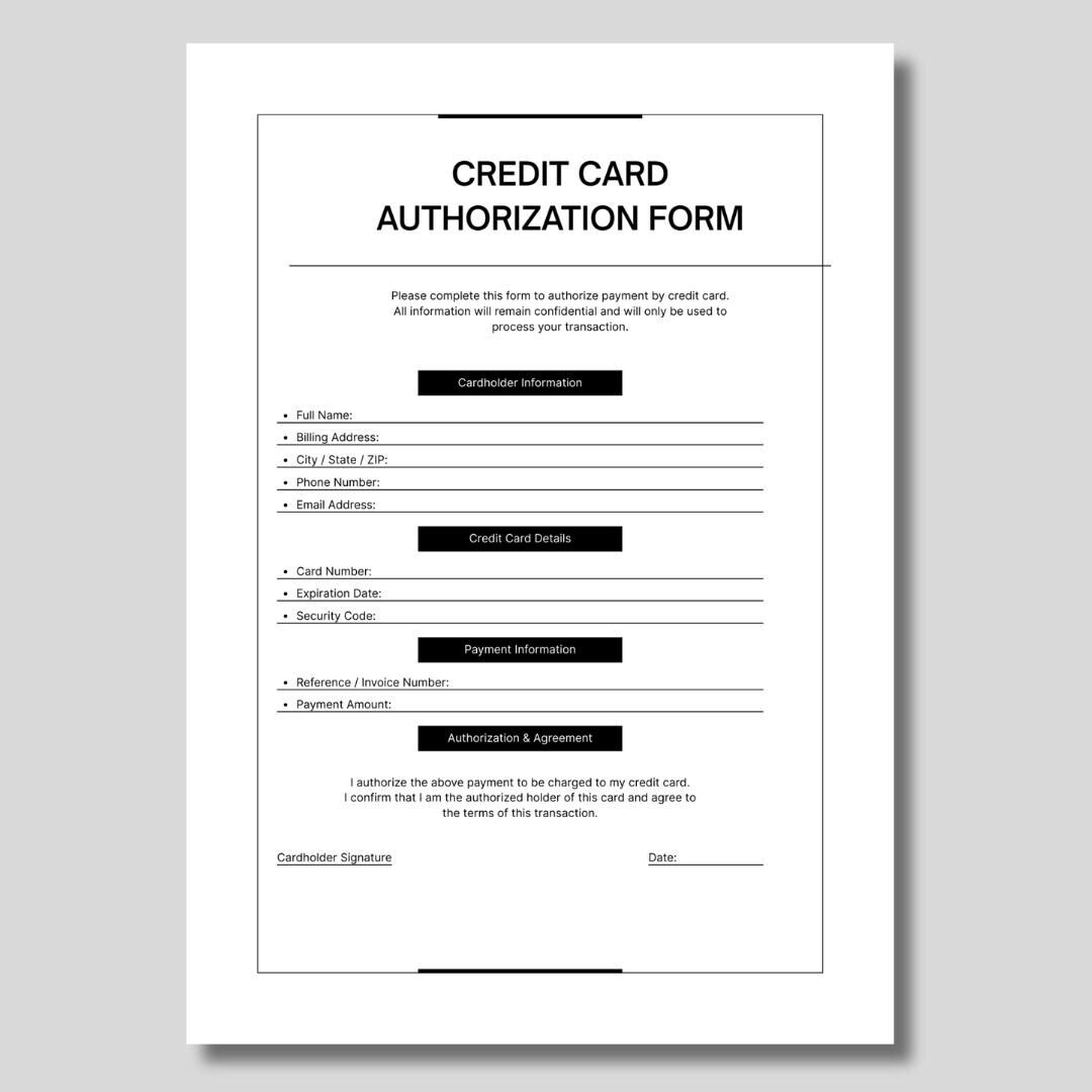 Simple Printable Credit Card Authorization Form – Minimalist Business ...