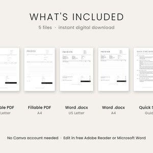Op de afbeelding: Een digitale downloadset met vijf bestanden: twee invulbare PDF-factuursjablonen in US Letter- en A4-formaat, twee Word .docx-factuursjablonen in US Letter- en A4-formaat, en &eacute;&eacute;n Quick Start Guide-document met zwarte tekst op wit.