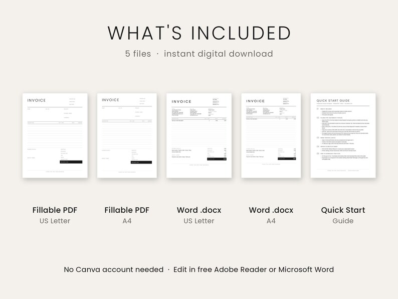 Op de afbeelding: Een digitale downloadset met vijf bestanden: twee invulbare PDF-factuursjablonen in US Letter- en A4-formaat, twee Word .docx-factuursjablonen in US Letter- en A4-formaat, en &eacute;&eacute;n Quick Start Guide-document met zwarte tekst op wit.