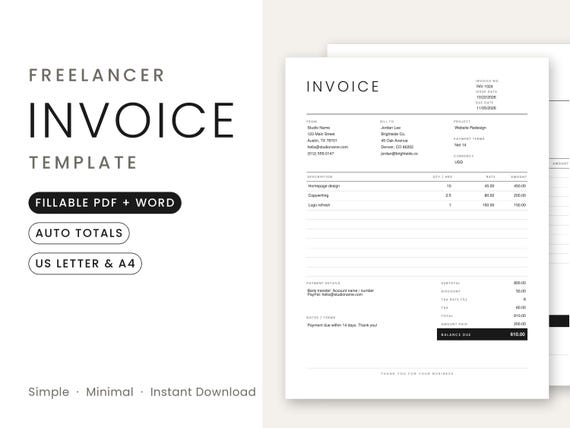 Freelancer Invoice Template, Fillable PDF Invoice with Auto Totals, Editable Word Invoice, Simple Printable Small Business Billing Form