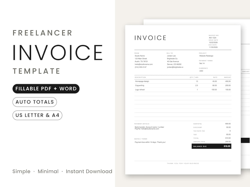 Op de afbeelding: Een factuursjabloon voor freelancers in zwart-wit. De tekst luidt Freelancer Invoice Template, Fillable PDF + Word, Auto Totals, US Letter & A4, Simple, Minimal, Instant Download. De factuur bevat velden voor contactgegevens, projectdetails en betalingsinformatie.