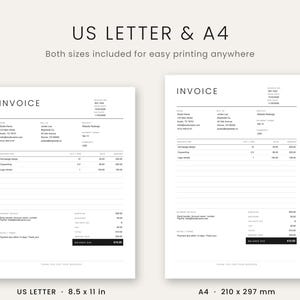 Op de afbeelding: Een digitaal factuursjabloon weergegeven in twee formaten: US Letter van 8,5 bij 11 inch en A4 van 210 bij 297 mm. De documenten bevatten zwarte tekst op een witte achtergrond met secties voor de afzender, ontvanger, diensten en betalingsgegevens.