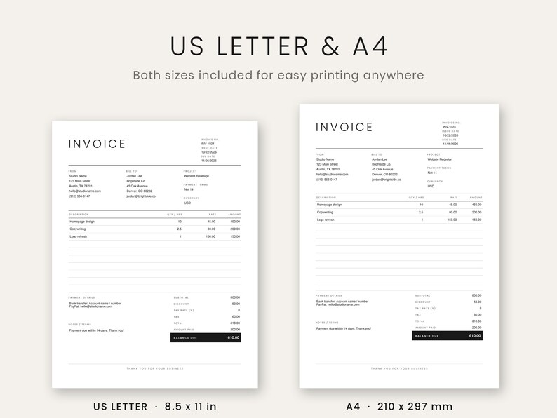 Op de afbeelding: Een digitaal factuursjabloon weergegeven in twee formaten: US Letter van 8,5 bij 11 inch en A4 van 210 bij 297 mm. De documenten bevatten zwarte tekst op een witte achtergrond met secties voor de afzender, ontvanger, diensten en betalingsgegevens.