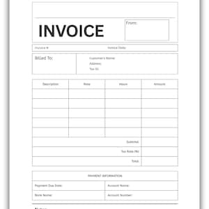 May include: A blank invoice template with the word "INVOICE" in large, bold letters at the top. The form includes fields for invoice number, date, customer details, item descriptions, rates, hours, amounts, and payment information.