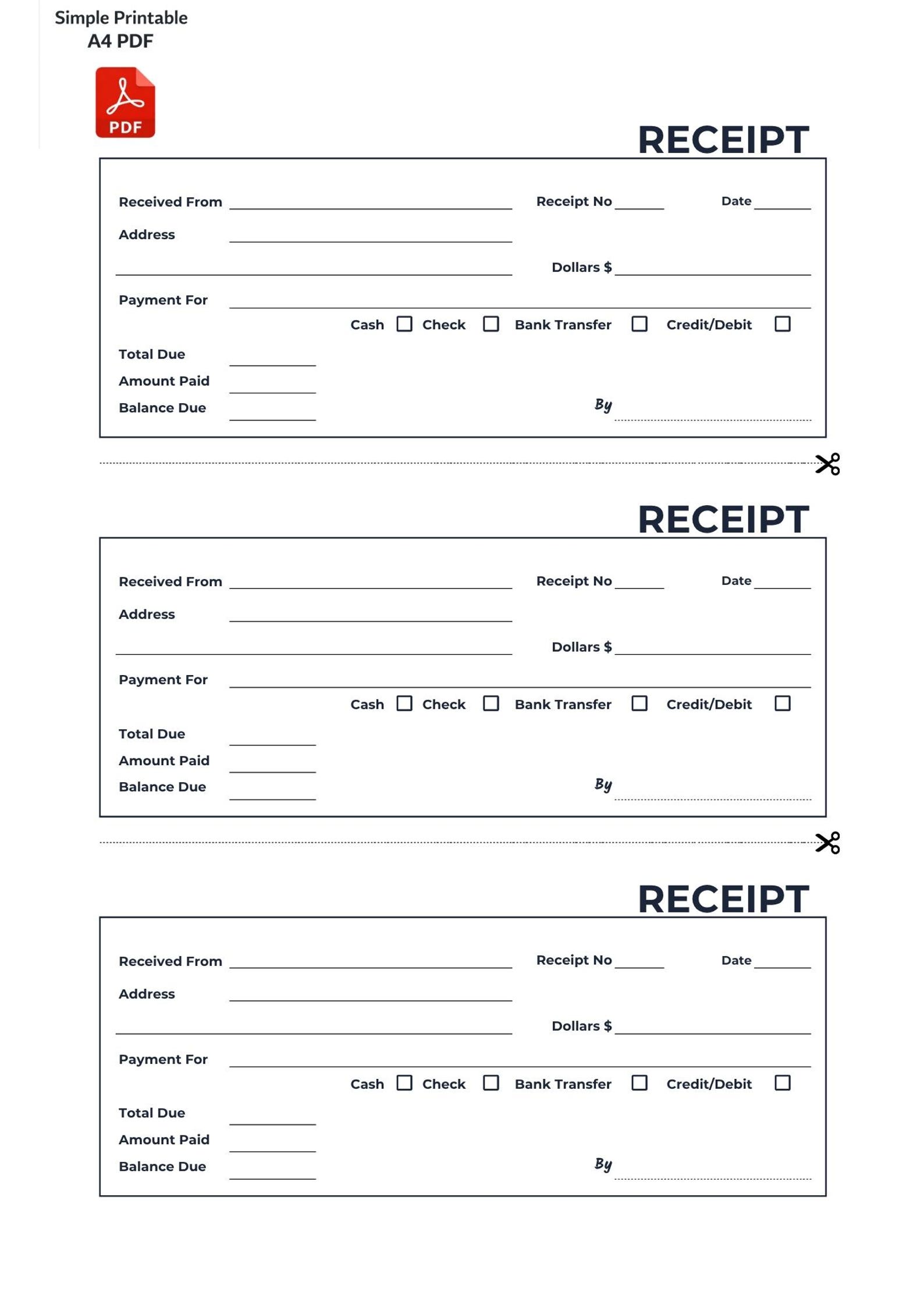 Editable and A4 PDF Simple Printable Receipt Template | Instant ...