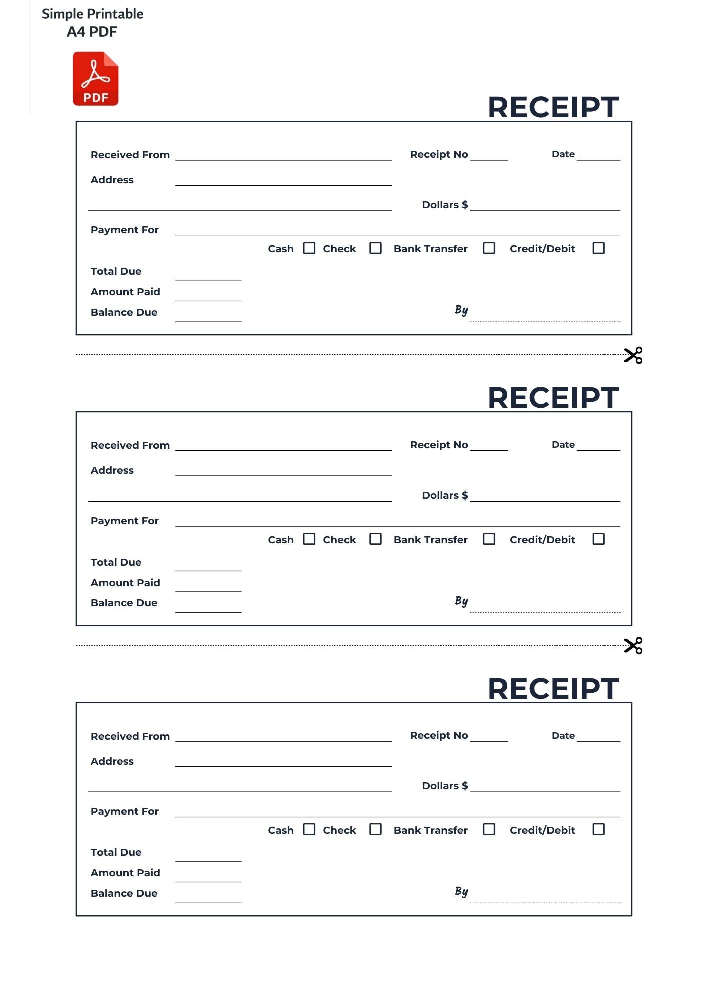 Editable and A4 PDF Simple Printable Receipt Template | Instant ...