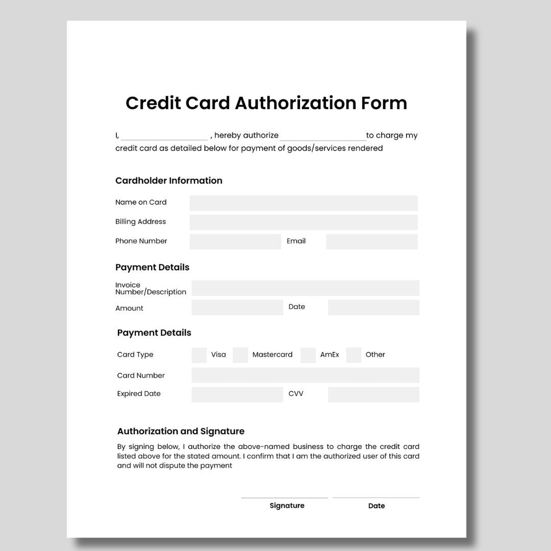 Simple Printable Credit Card Authorization Form – Minimalist Business ...