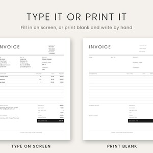 Op de afbeelding: Twee witte factuursjablonen met zwarte tekst. Het linker sjabloon is ingevuld met voorbeeldgegevens, terwijl het rechter sjabloon leeg is. Beide bevatten de koptekst TYPE IT OR PRINT IT en de subtekst Fill in on screen, or print blank and write by hand.