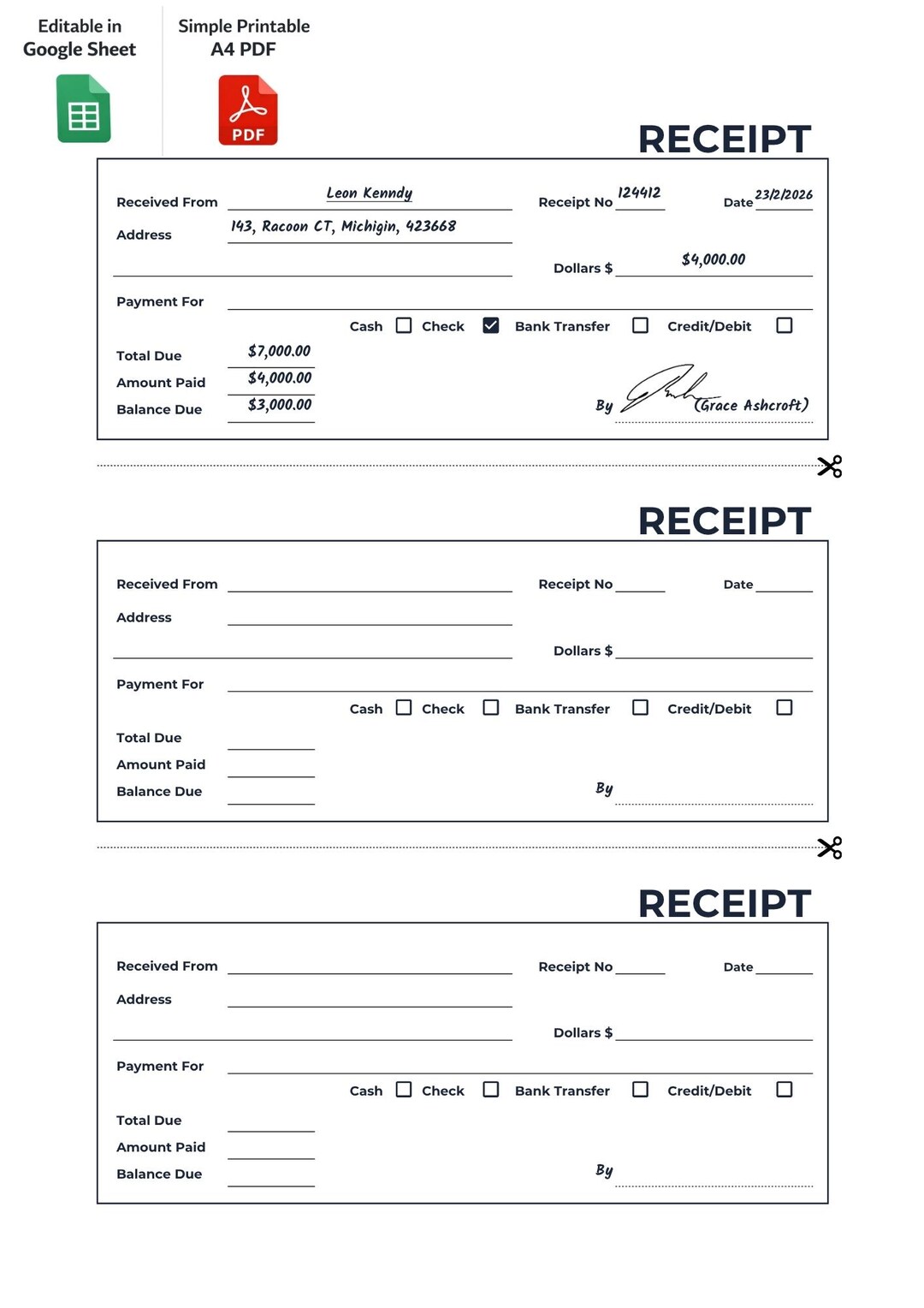 Editable and A4 PDF Simple Printable Receipt Template | Instant ...
