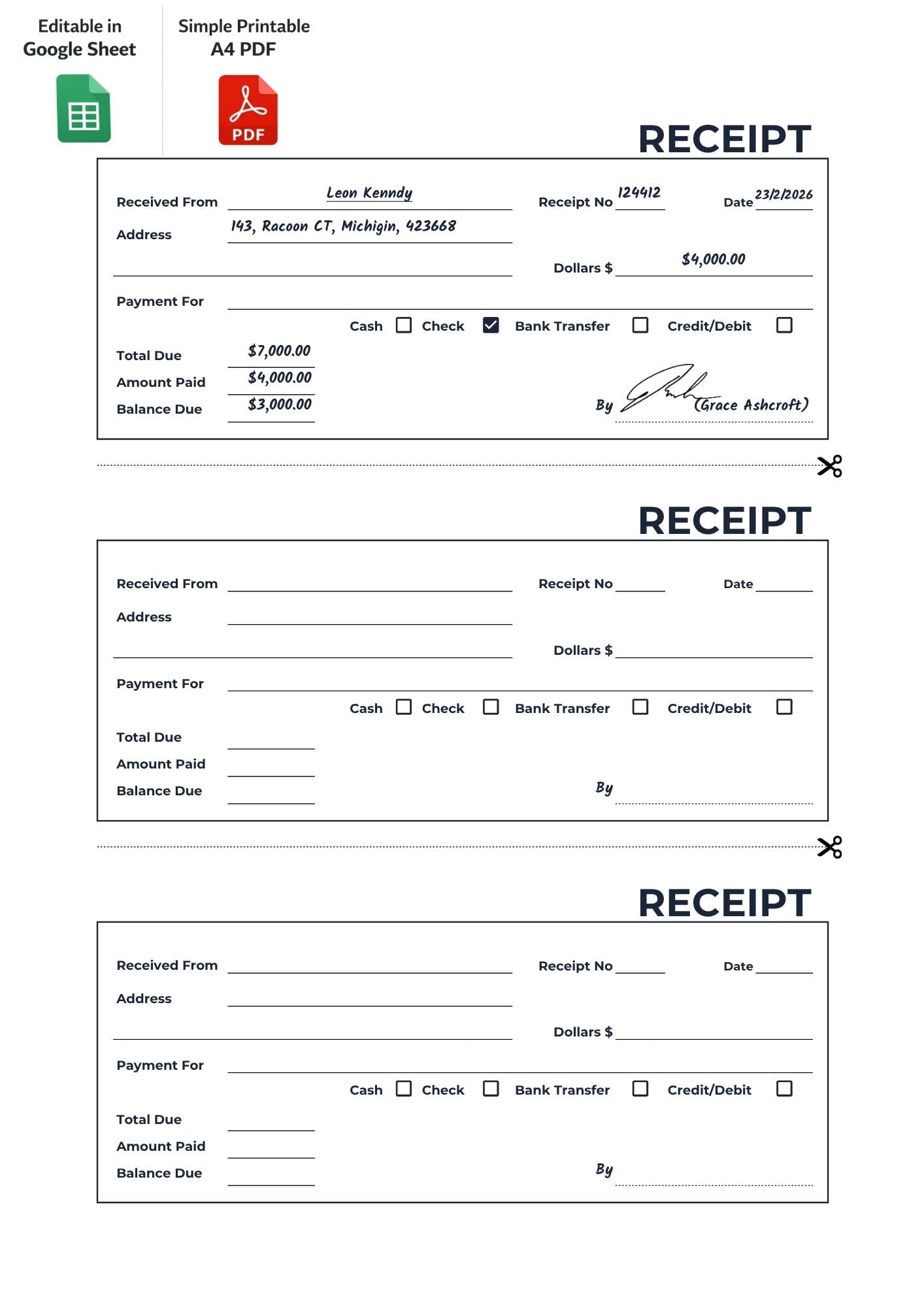Editable and A4 PDF Simple Printable Receipt Template | Instant ...
