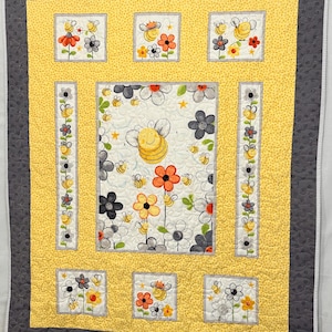 Baby Quilt Bee Baby Blanket Honeybee Floral Bedding Gender Neutral Newborn Gift Yellow Grey Green  Handmade ready to ship baby shower gift