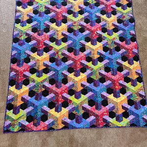 Escher Connected Quilt, 62 x 70 Modern Geometric Optical Illusion Throw Quilt, Kaffe Fassett Collective Fabrics, Colorful 3D Quilt