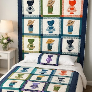 Handmade Vintage Sunbonnet Sue & Overall Sam Quilt, Appliqué Heirloom Cotton Patchwork Throw