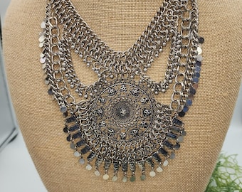 Vintage Style Boho Tribal Silver Tone Statement Bib Medallion Necklace