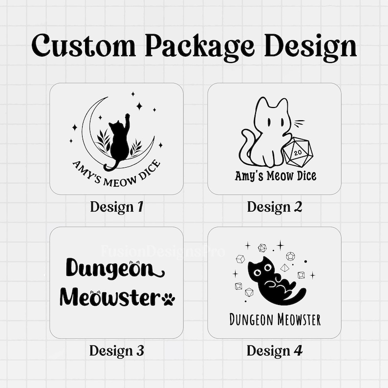 Pode incluir: Design de embalagem personalizado com quatro ilustra&ccedil;&otilde;es com tema de gato. O design 1 mostra um gato em uma lua crescente. O design 2 tem um gato com um dado. O design 3 diz "Dungeon Meowster". O design 4 mostra um gato com estrelas.
