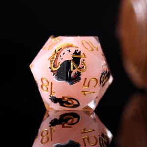Op de afbeelding: Een roze twintigzijdige dobbelsteen met gouden cijfers en illustraties van zwarte katten. De dobbelsteen heeft een zwart katten silhouet met een maan en sterren. De cijfers zijn in een gouden, gestileerd lettertype.