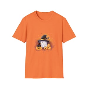 Cute Halloween Ghost T-Shirt ,Hat Ghost with Pumpkins Tee – Funny Spooky Season Shirt – Unisex Orange Fall Shirt, Trick or Treat Graphic Tee