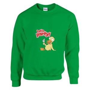 Funny Party Sweatshirt – Cartoon Pullover, Green Adult Unisex Crewneck, Humorous Drinking Graphic Sweater, Birthday Party Outfit Gift