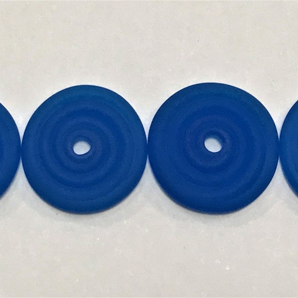 Electric blue, 15mm range, Tom's handmade lampwork semi-transparent satin (etched) frosted 2 disc spacer/drop set, 1 pair 94040-2