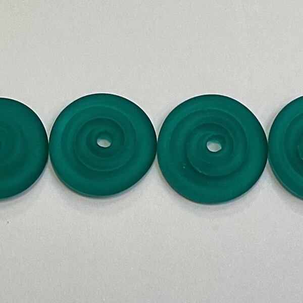 15, 16mm range, Rainforest green, Tom's lampwork transparent satin (etched) frosted 2 discs, 1 pair 93030-2