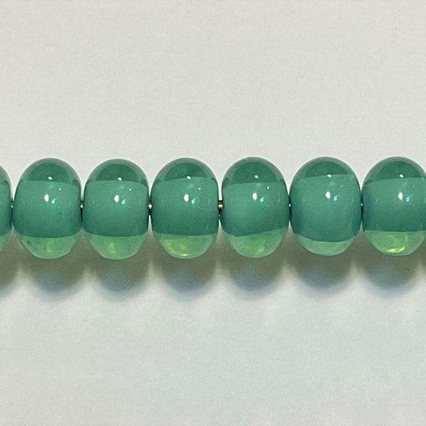 10mm range, Winter mint misty light blue core (hearts), Tom's lampwork semi-transparent 10 beads, 1 pair,  92756-B