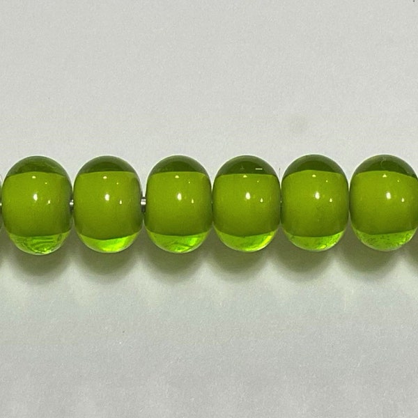 10mm range, Medium grass green white core (hearts), Tom's lampwork transparent 2 beads, 1 pair,  92806-B