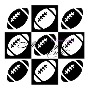 May include: A black and white graphic design featuring nine footballs arranged in a grid pattern. Each football is white with black stitching, set against alternating black and white squares. The design is simple and bold.