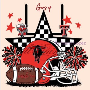 Pode incluir: Um design gráfico com um capacete de futebol, uma bola e postes de baliza em vermelho, preto e branco. O design inclui uma estrela, pompons e os textos "Guns up" e "wreck 'em".