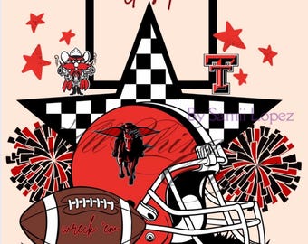 May include: A graphic design featuring a football helmet, football, and goalposts in red, black, and white. The design includes a star, pom-poms, and the text "Guns up" and "wreck 'em".