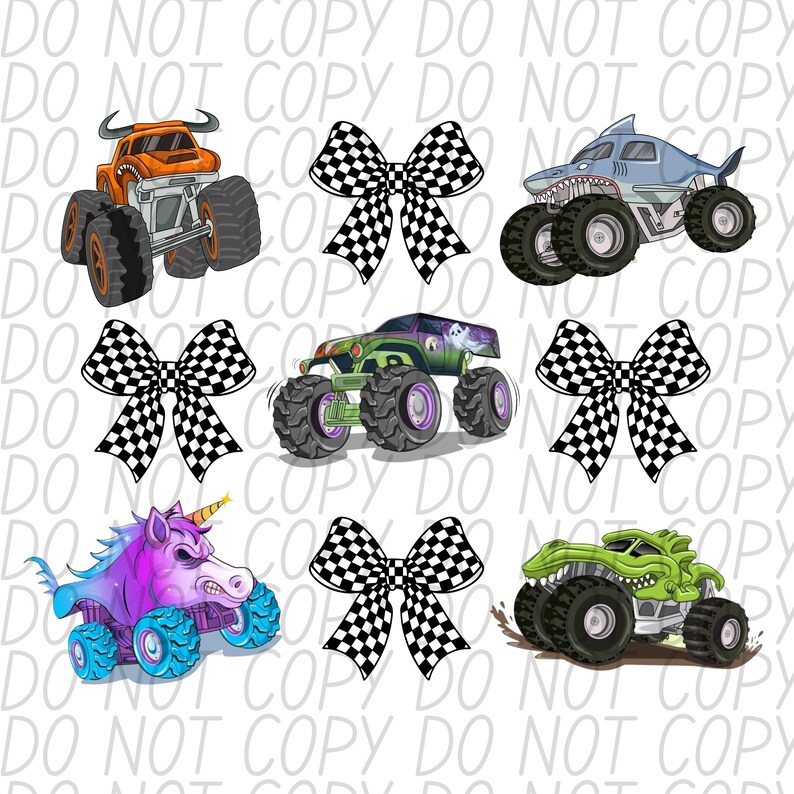 K&ouml;nnte beinhalten: Eine Sammlung von Cartoon-Monstertrucks in verschiedenen Farben, darunter Orange, Gr&uuml;n und Lila, mit gro&szlig;en Reifen. Jeder Truck hat ein einzigartiges Design, wie z. B. einen Hai oder ein Einhorn. Karierte Schleifen sind ebenfalls enthalten.