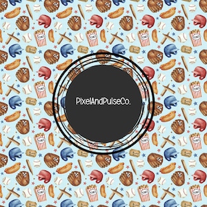 May include: A light blue pattern featuring baseball-themed illustrations. The design includes baseballs, gloves, helmets, hot dogs, popcorn, tickets, bats, and stars. The text "PixelAndPulseCo." is visible in the center.