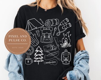 Doodle de camping PNG: fogata, tienda de campaña y malvaviscos (descarga digital)